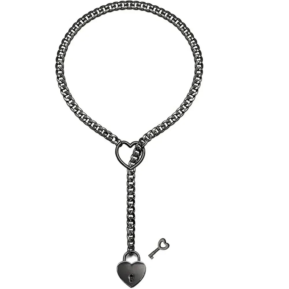 Adjustable Heart O-Ring Punk Rock Cuban Chain Necklace โ Lariat Y-Style Necklace with Key & Heart Lock Pendant