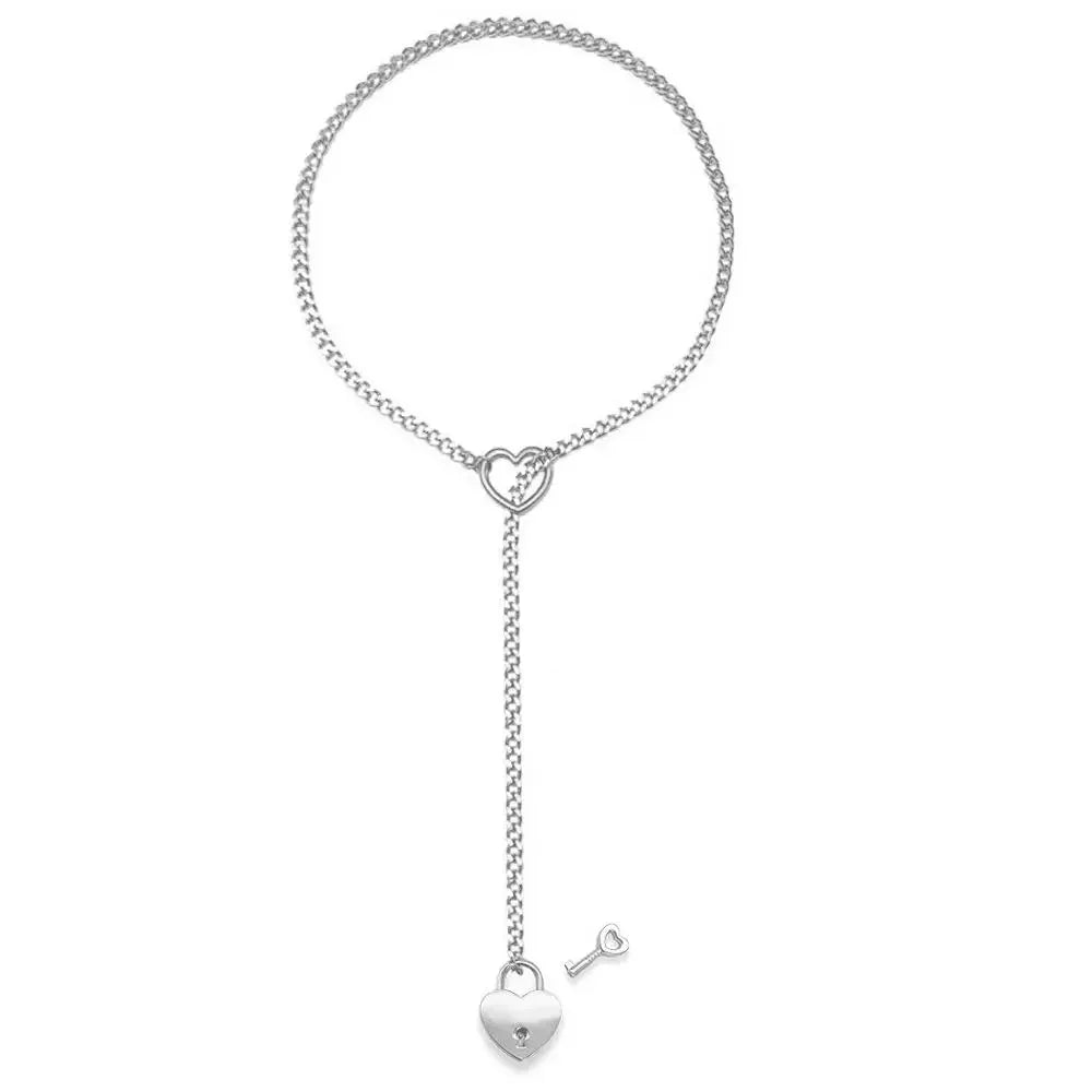 Adjustable Heart O-Ring Punk Rock Cuban Chain Necklace โ Lariat Y-Style Necklace with Key & Heart Lock Pendant