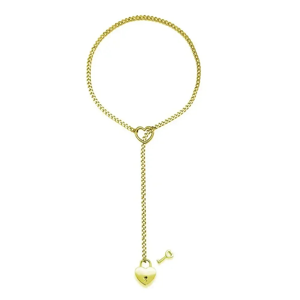 Adjustable Heart O-Ring Punk Rock Cuban Chain Necklace โ Lariat Y-Style Necklace with Key & Heart Lock Pendant